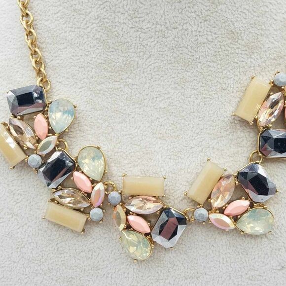 J Crew Gold, Tan, Gray, Pink Iridescent Crystal Statement Necklace - Picture 6 of 11